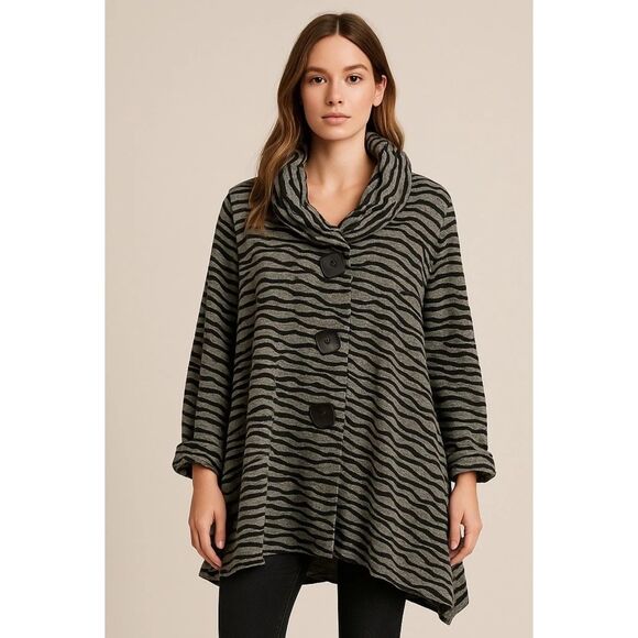 Ali Miles Women's 1X Black Cardigan Knitted Sweater Tunic Zebra Print Boho Artsy - Picture 1 of 9